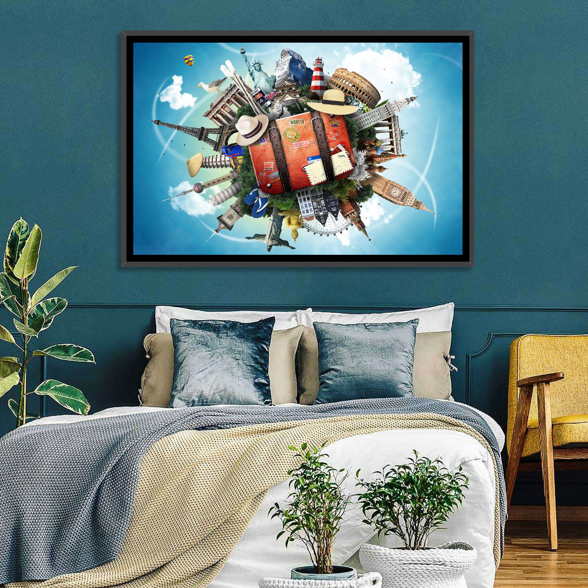 Suitcase and World Landmarks Montage Wall Art in a room, landscape