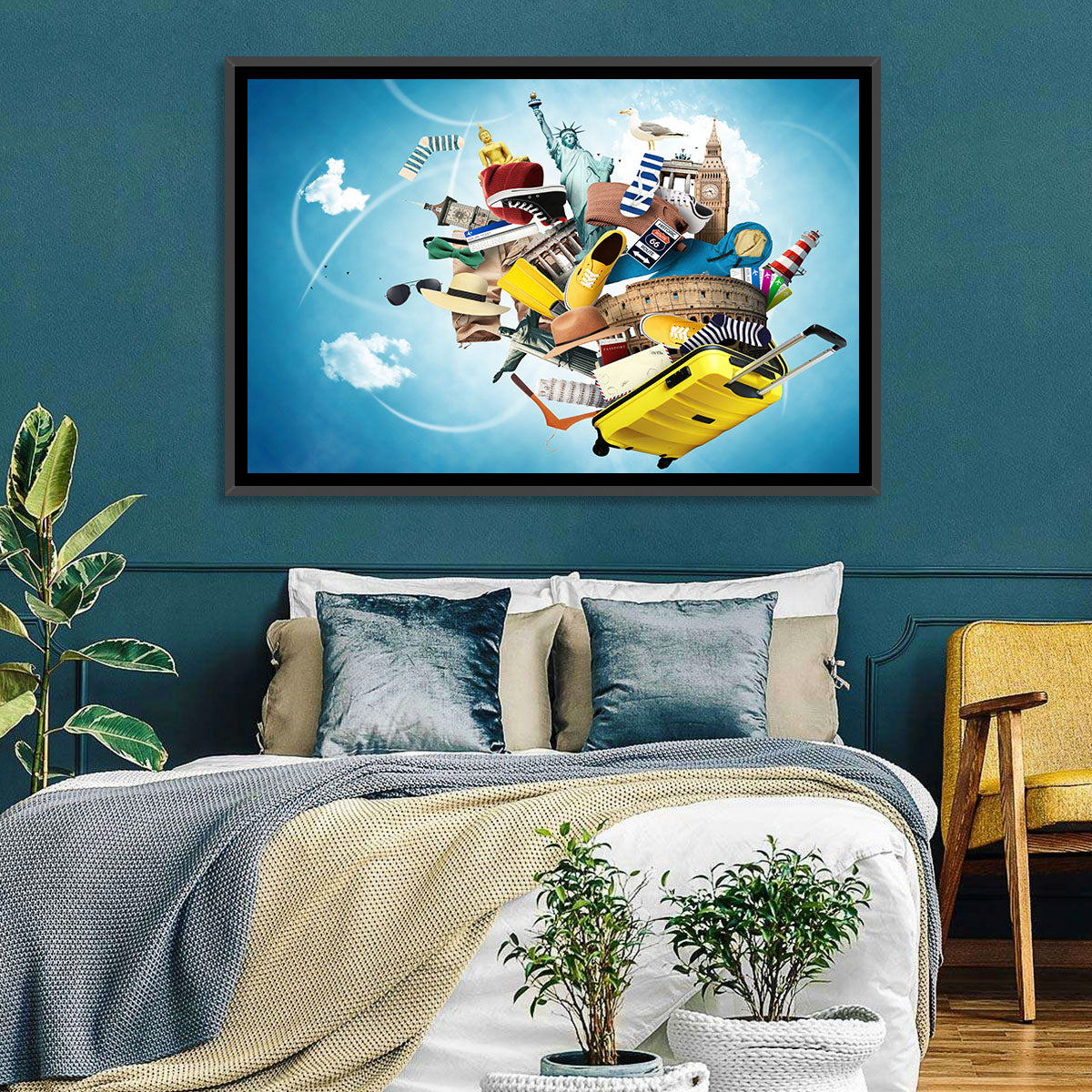 Floating Landmarks with Yellow Suitcase Wall Art in a room, landscape