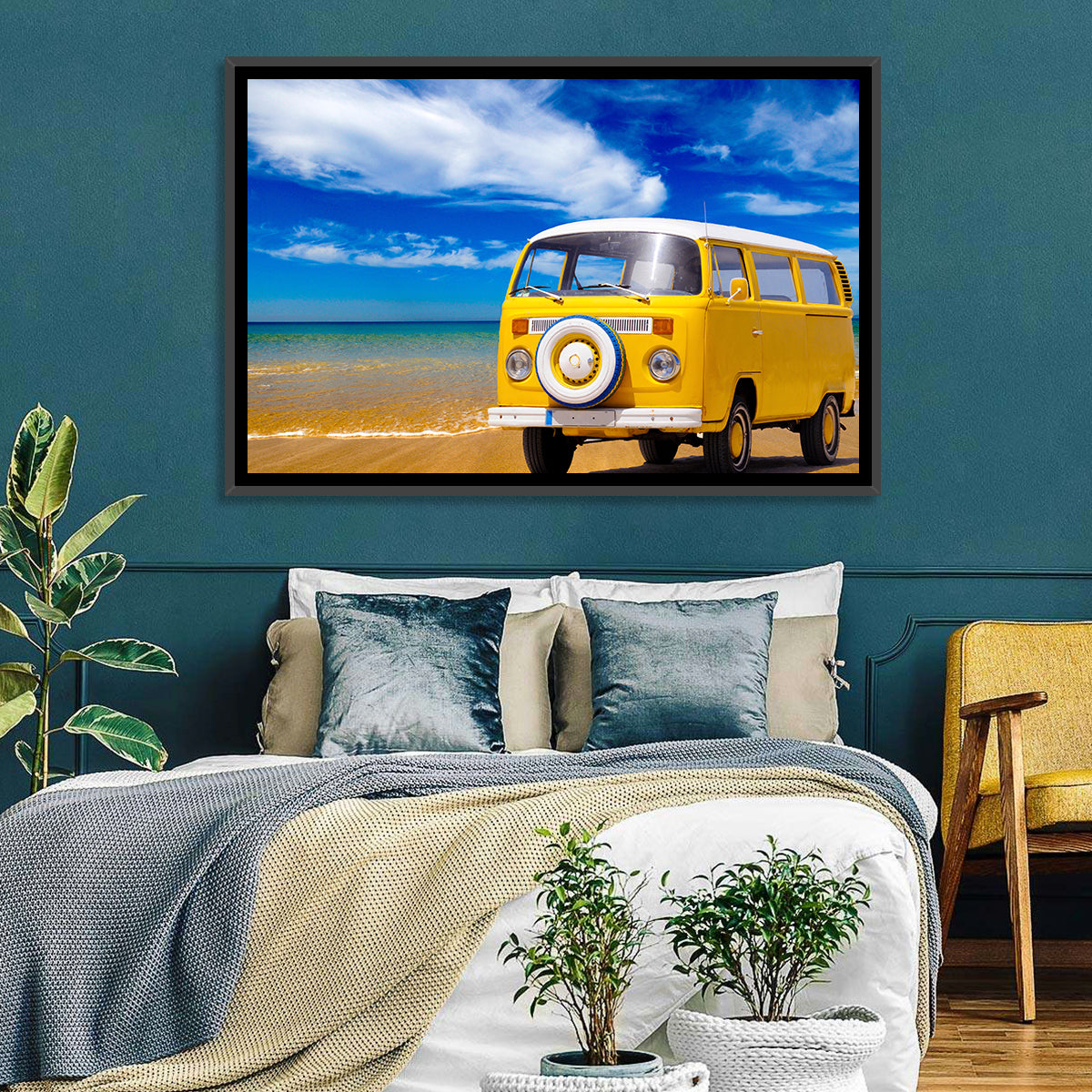Yellow Vintage Van on Beach Wall Art in a room, landscape