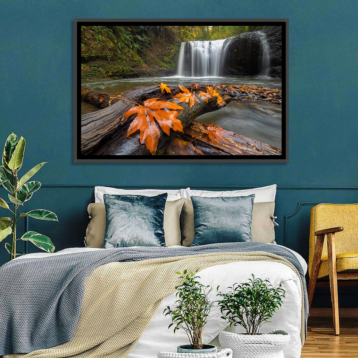 Clackamas Waterfall with Maple Leaf Wall Art in a room, landscape