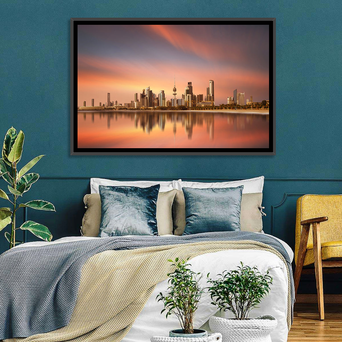Kuwait City Skyline at Sunset Wall Art in a room, landscape
