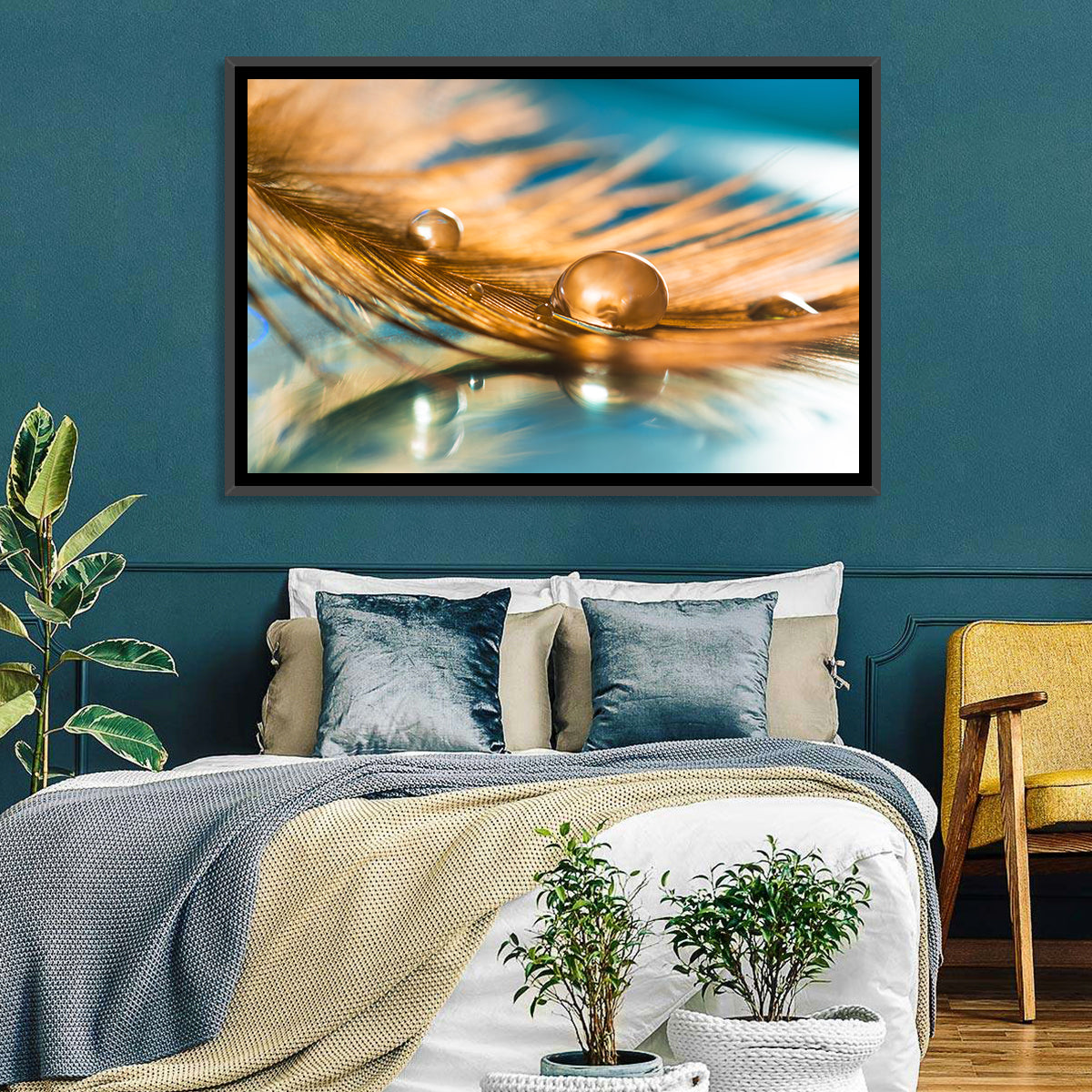Golden Feather with Droplets Wall Art