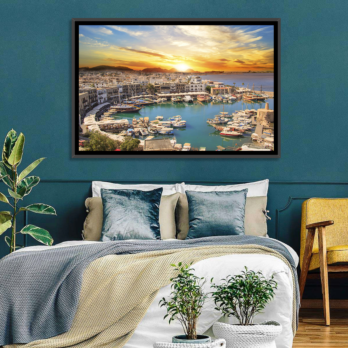 Kyrenia Harbour at Sunset Wall Art in a room, landscape