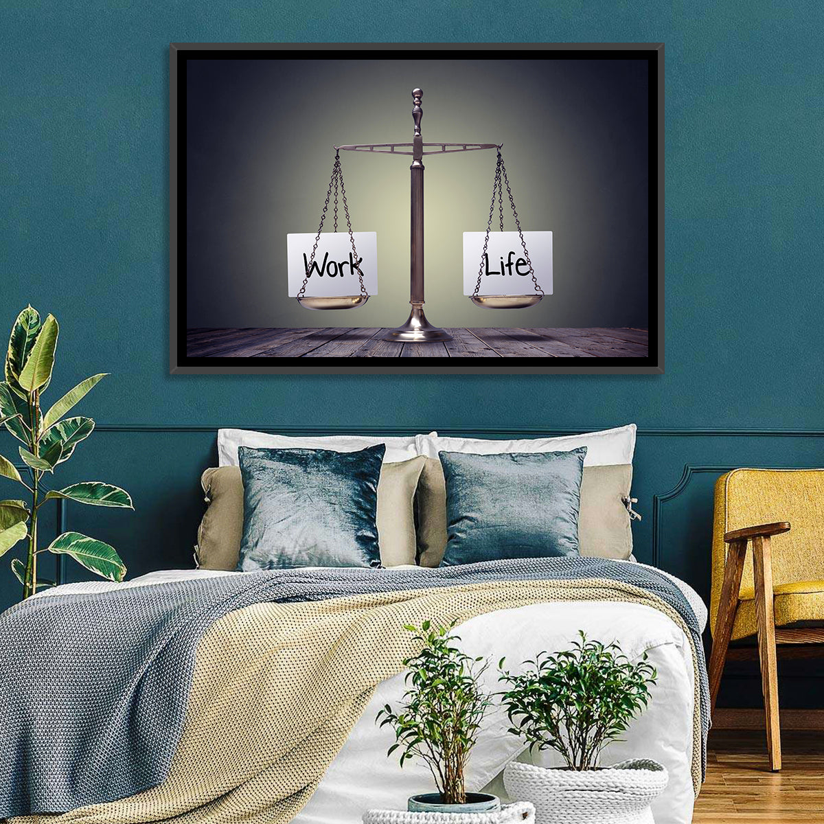 Metallic Scale: Work and Life Wall Art in a room, landscape