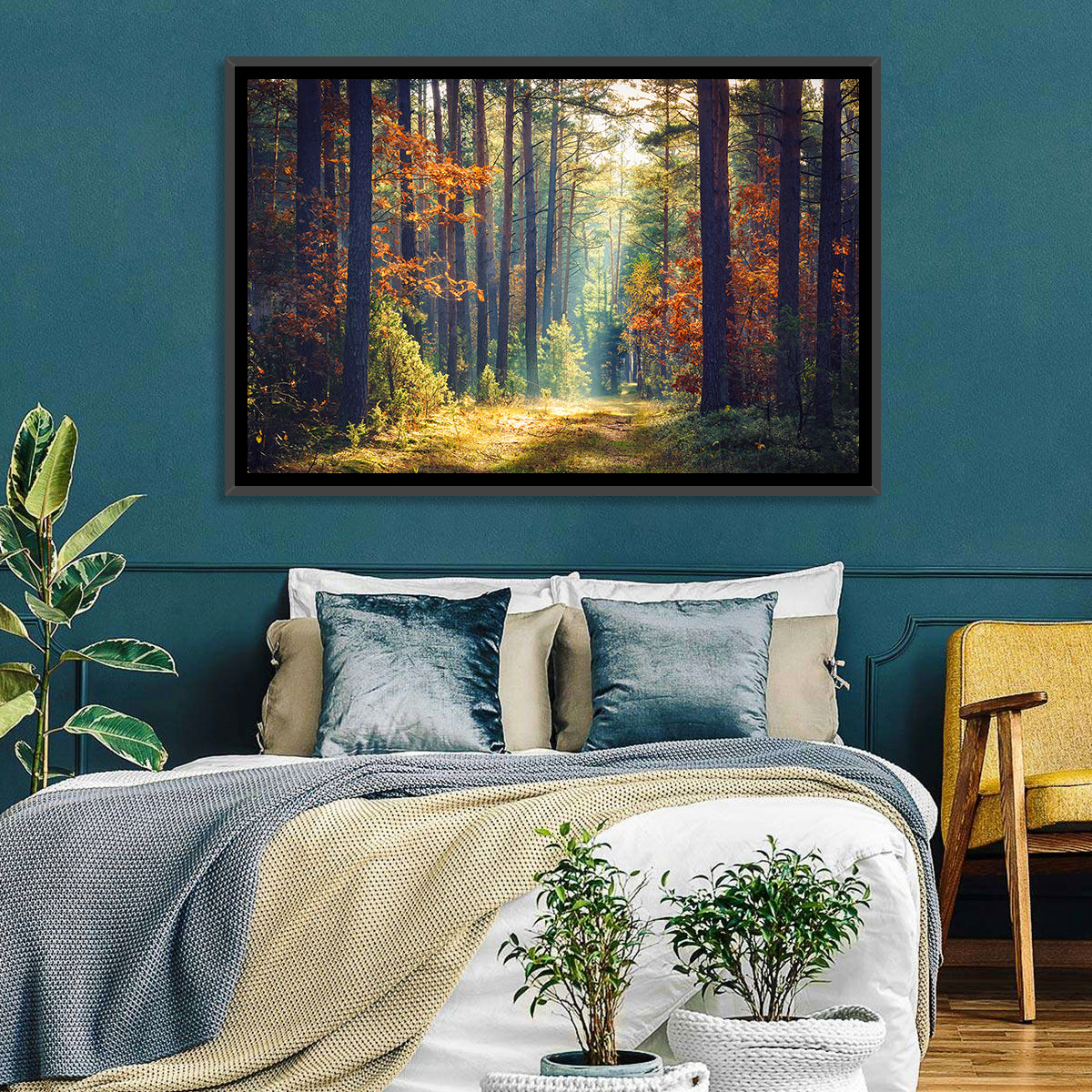Sunlit Autumn Pine Forest Wall Art in a room, landscape
