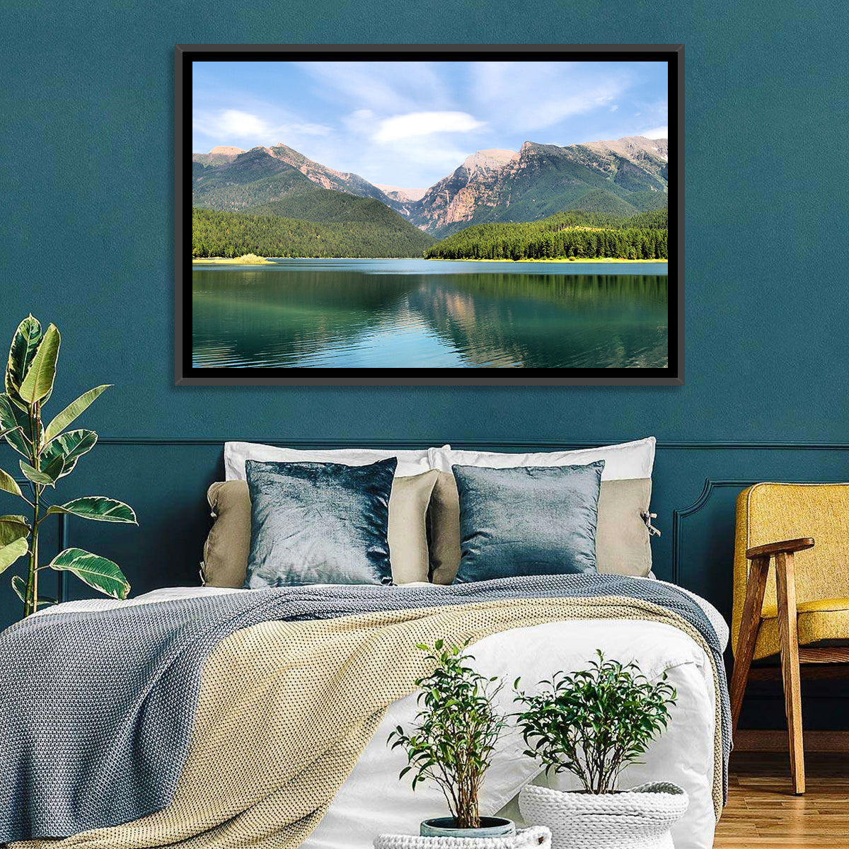 Mission Mountain Lake Reflection Wall Art in a room, landscape