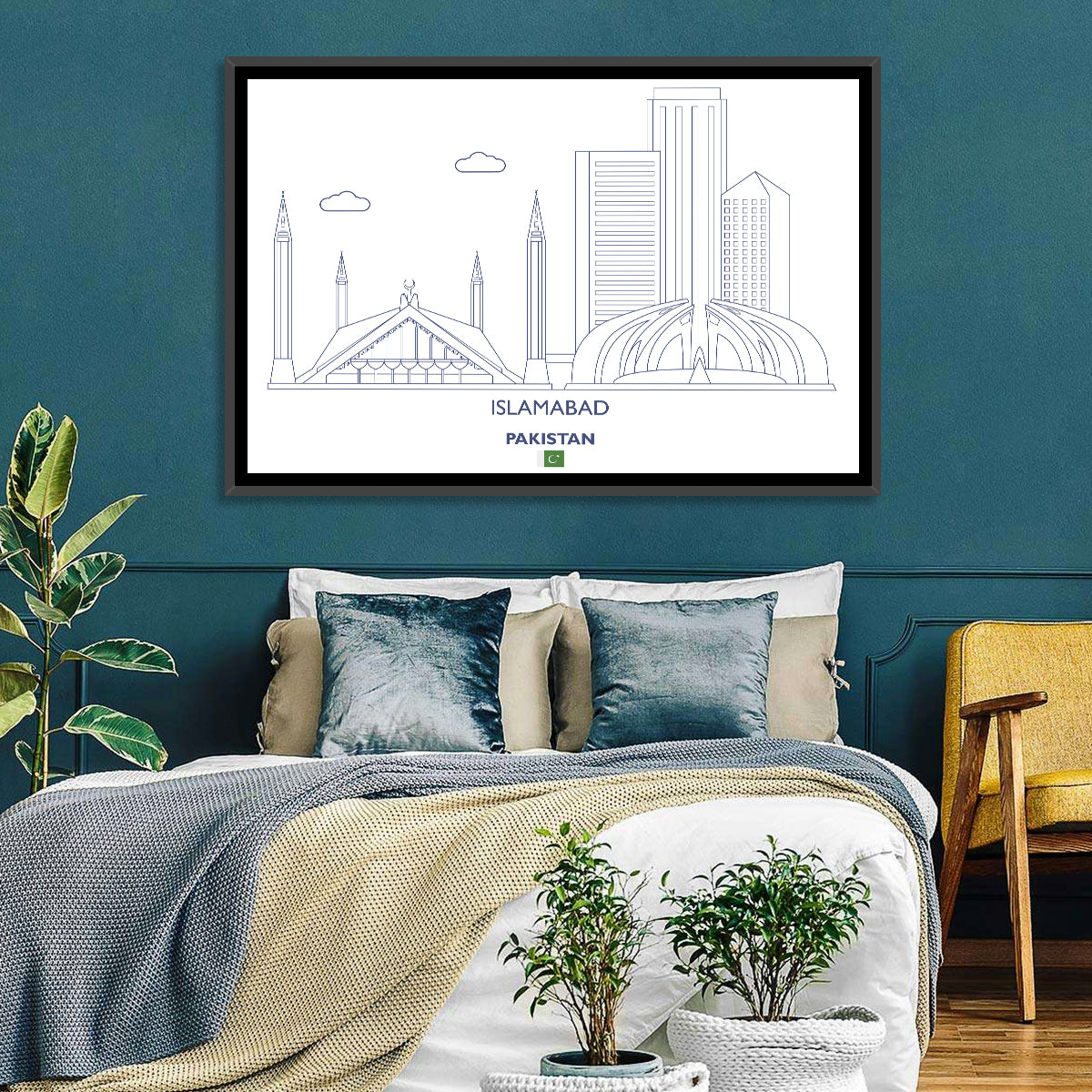 Islamabad Skyline Line Wall Art in a room, landscape