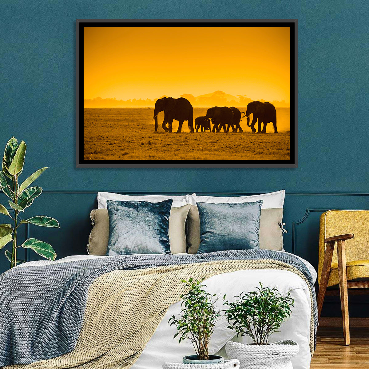 Elephant Family Silhouette Wall Art in a room, landscape
