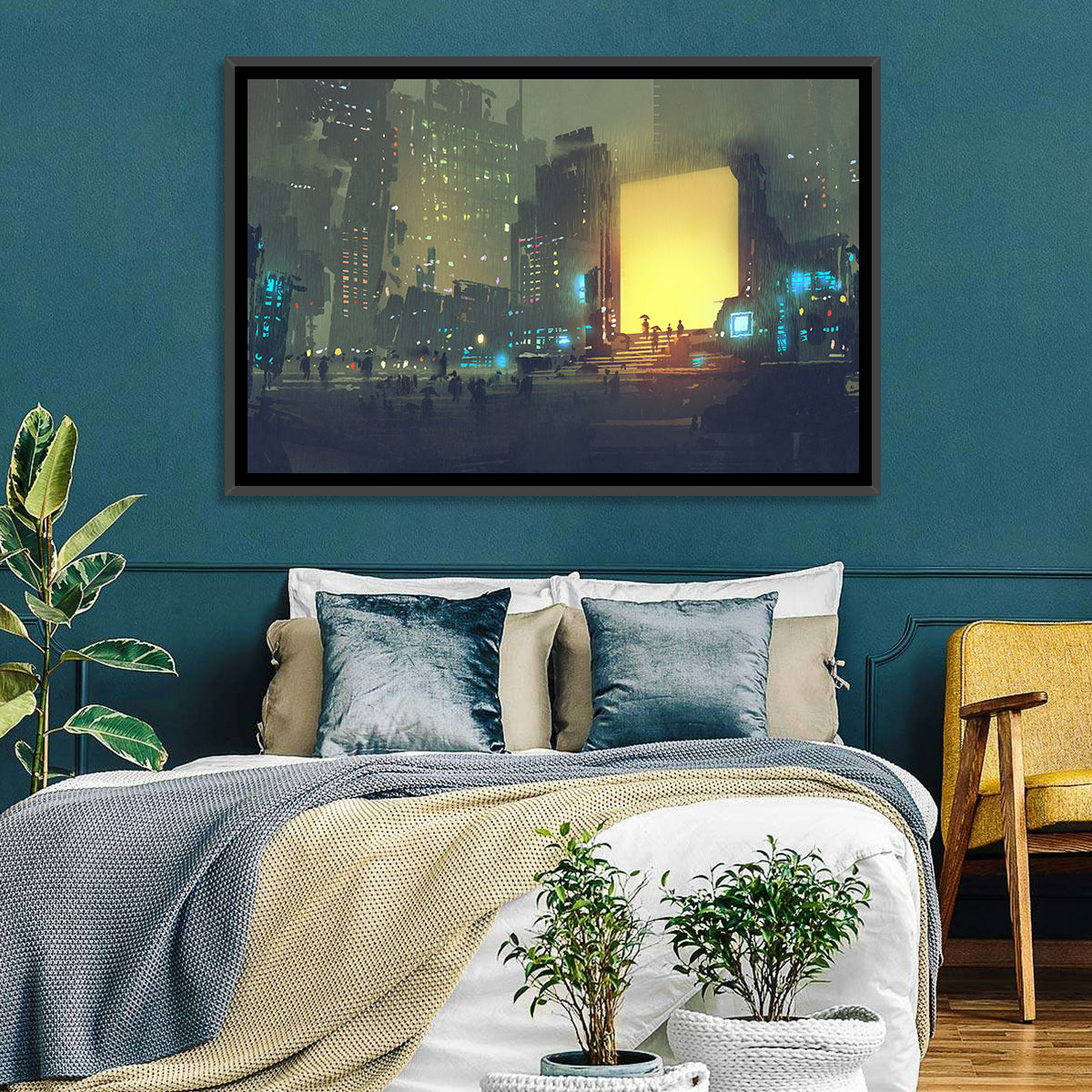 Rainy Night City with Glowing Portal Wall Art
