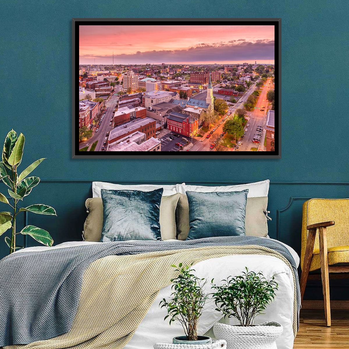 Church Spire at Dusk Wall Art in a room, landscape