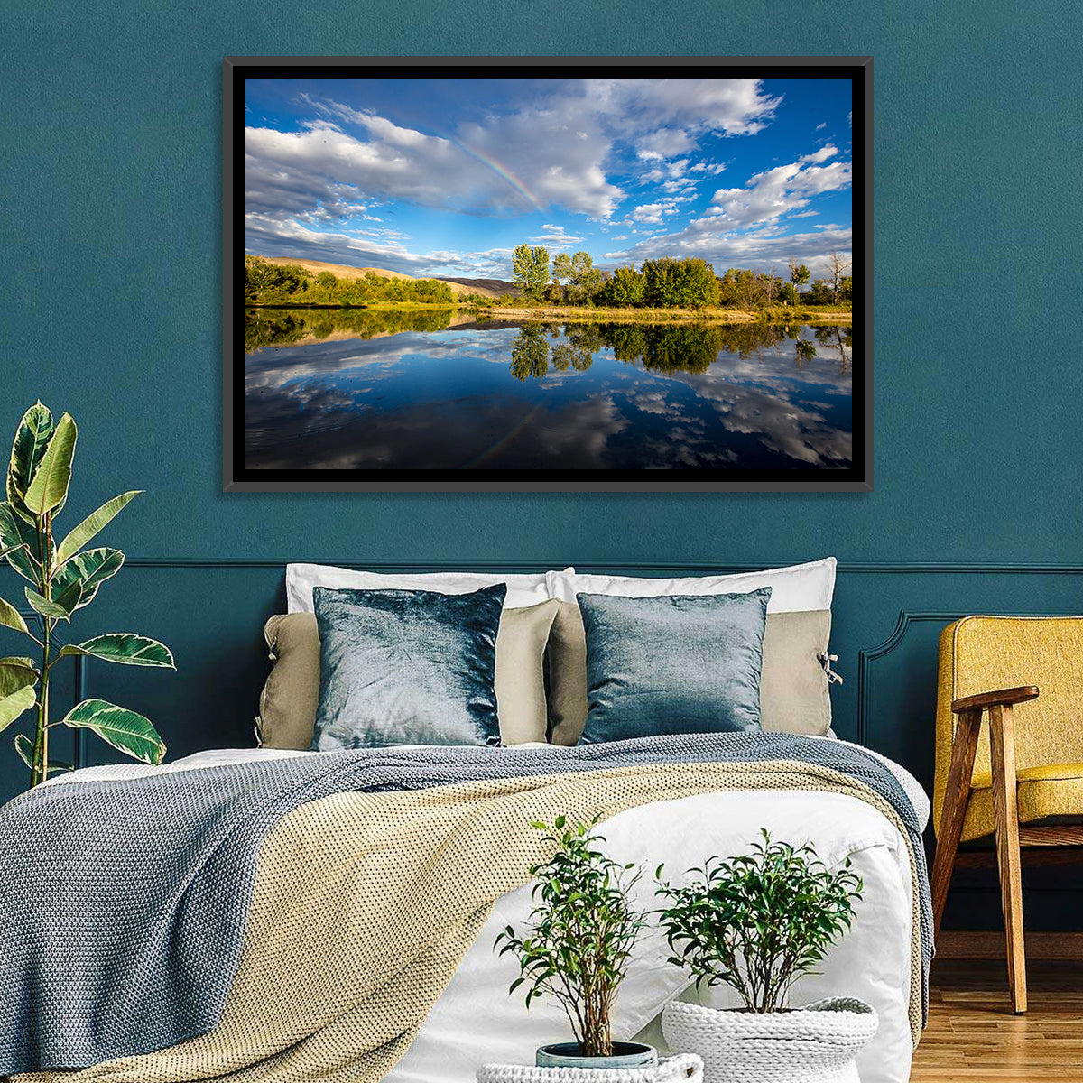 Boise River Rainbow Reflection Wall Art in a room, landscape