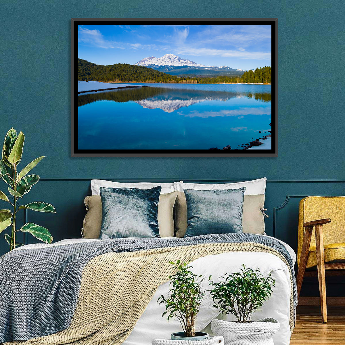 California Mountain Lake Reflection Wall Art in a room, landscape