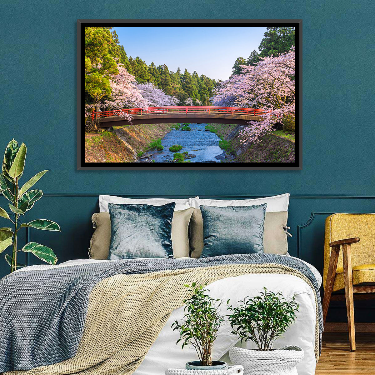 Arched Red Bridge with Cherry Blossoms Wall Art in a room, landscape