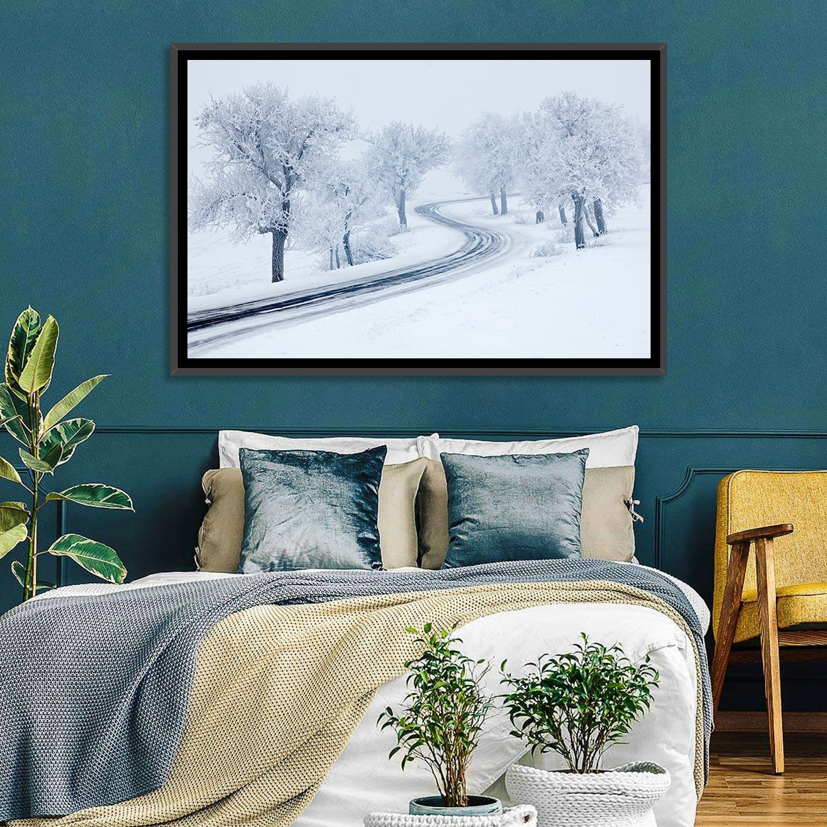 Misty Winter S-curve Road Wall Art in a room, landscape