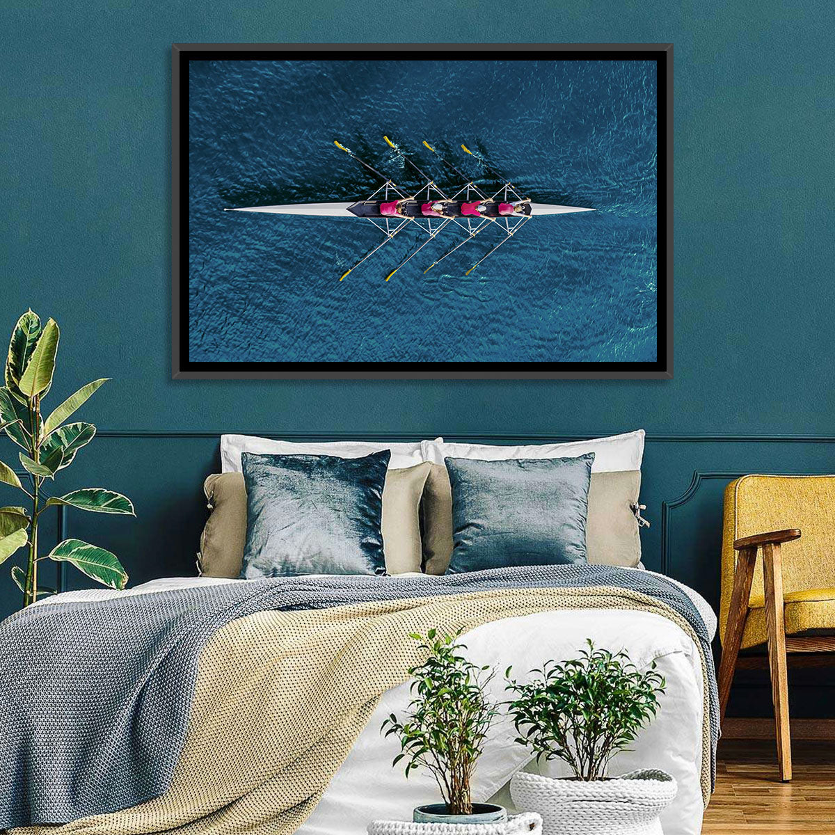 Four Rowers in Pink Shirts Wall Art in a room, landscape