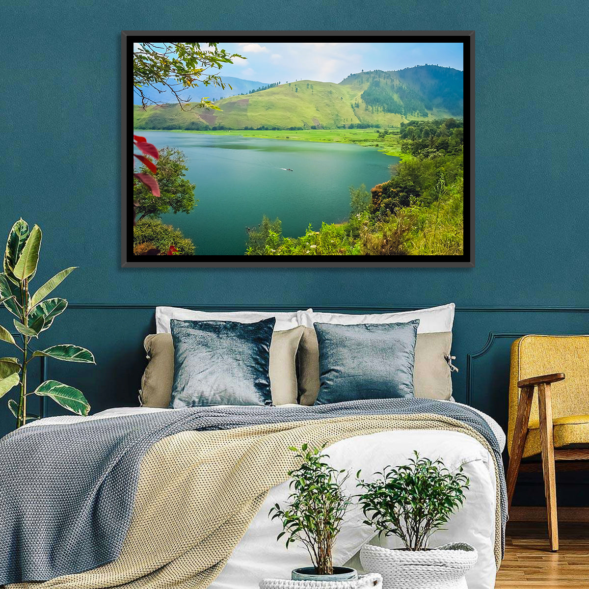 Lake Toba Boat and Hills Wall Art in a room, landscape