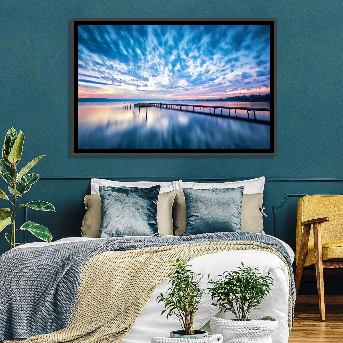 Cloudy Lake Pier at Dusk Wall Art in a room, landscape