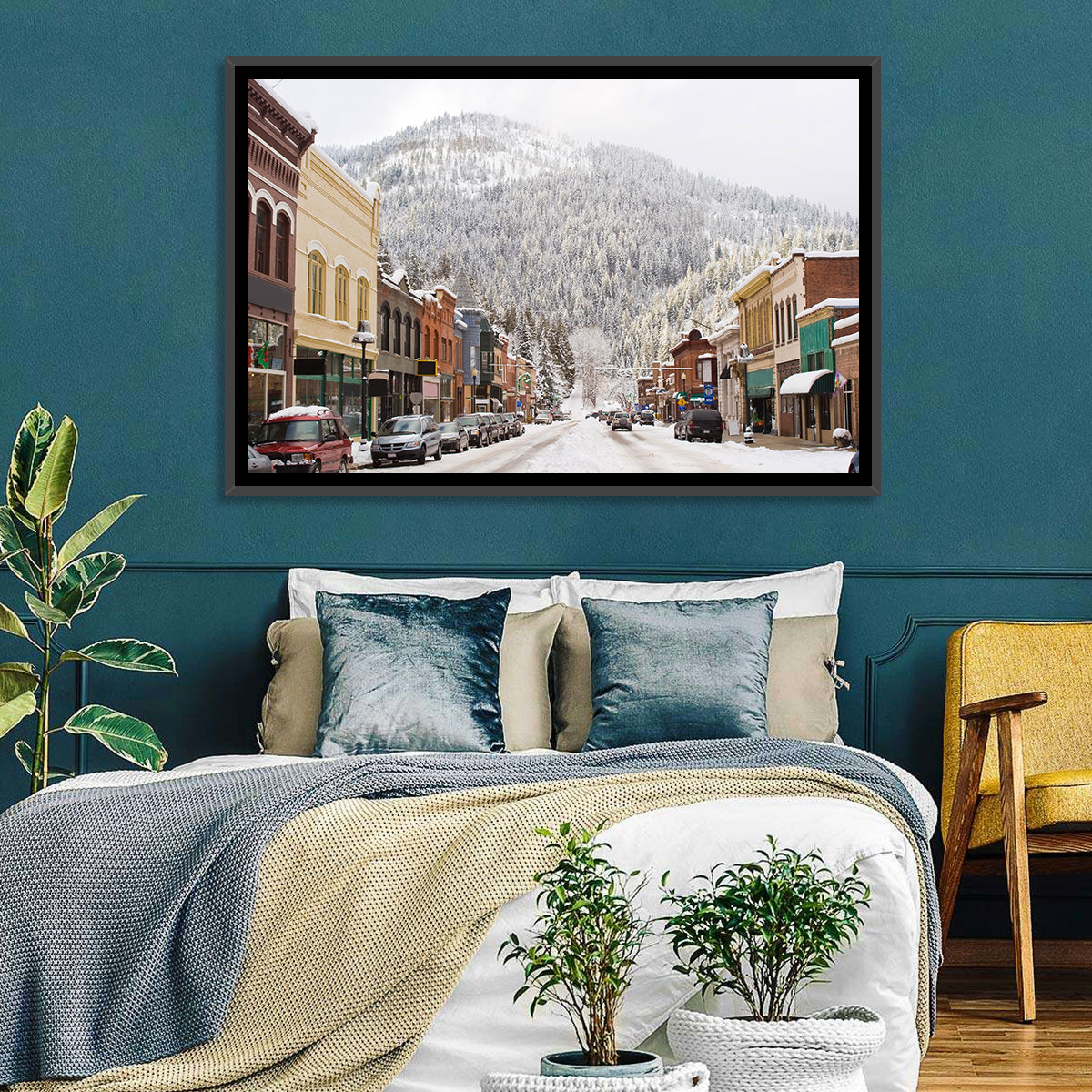Snow Covered Mountain Main Street Wall Art in a room, landscape