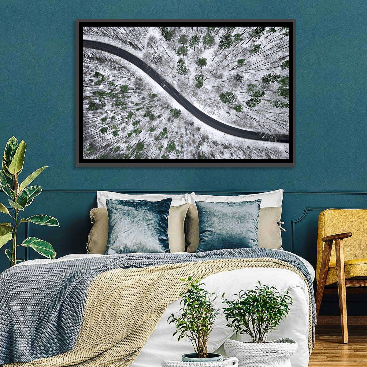 Snowy Forest Road Wall Art in a room, landscape