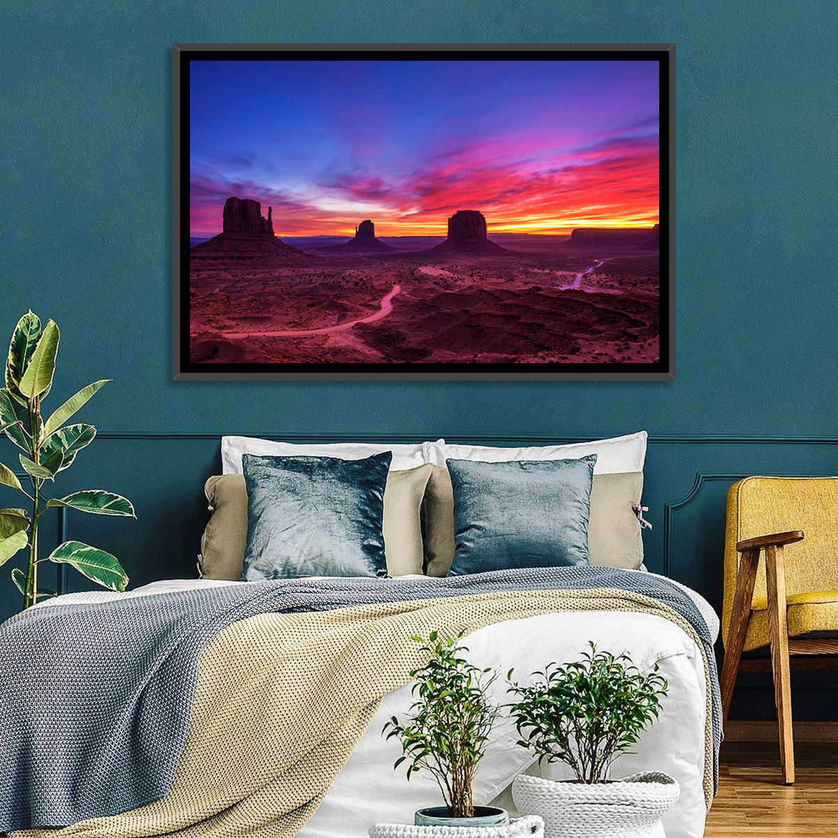 Monument Valley Arizona Sunset Wall Art in a room, landscape
