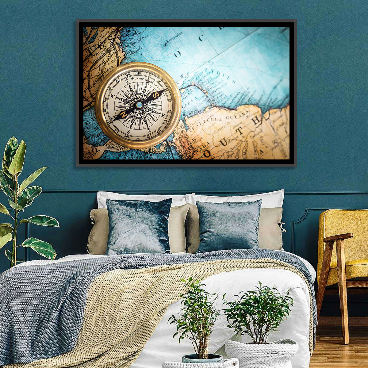 Vintage Compass Over Atlantic Map Wall Art