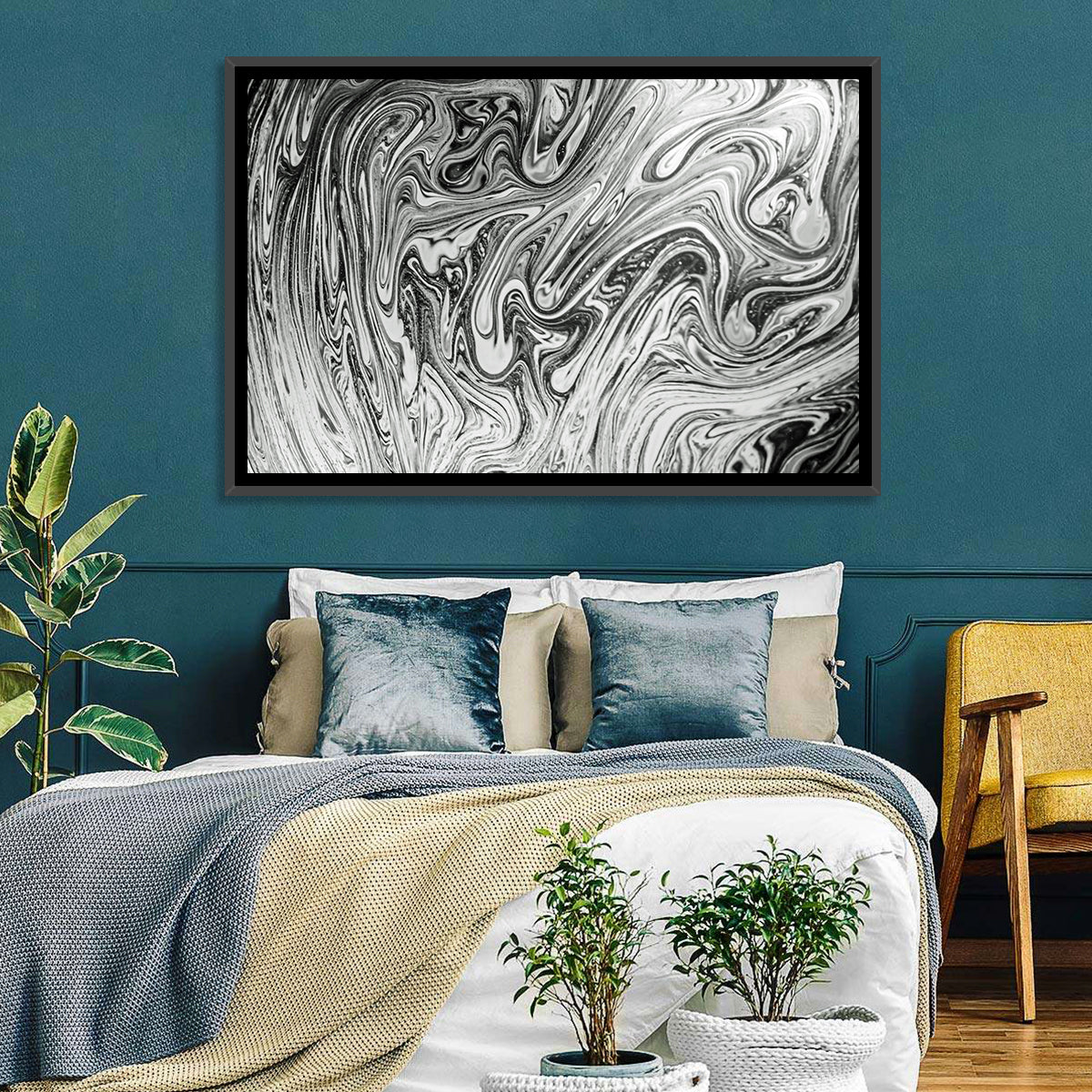 Ink Swirl Monochrome Abstract Wall Art in a room, landscape