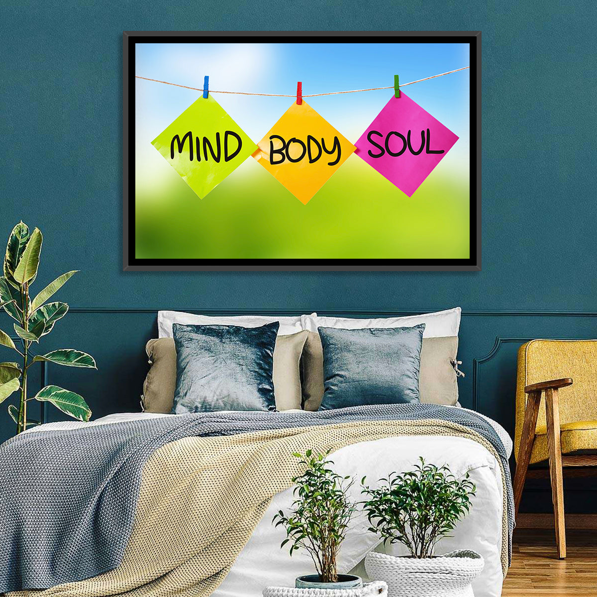 Mind Body Soul Paper Trio Wall Art in a room, landscape