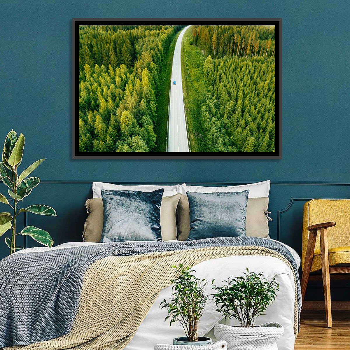 Blue Car on Forest Road Wall Art