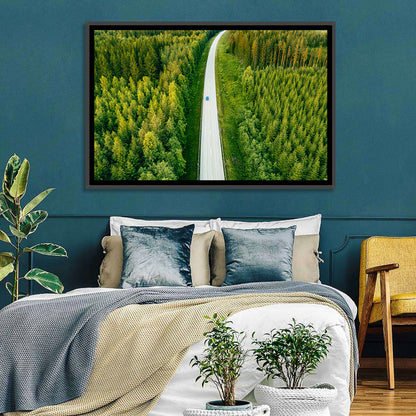 Blue Car on Forest Road Wall Art