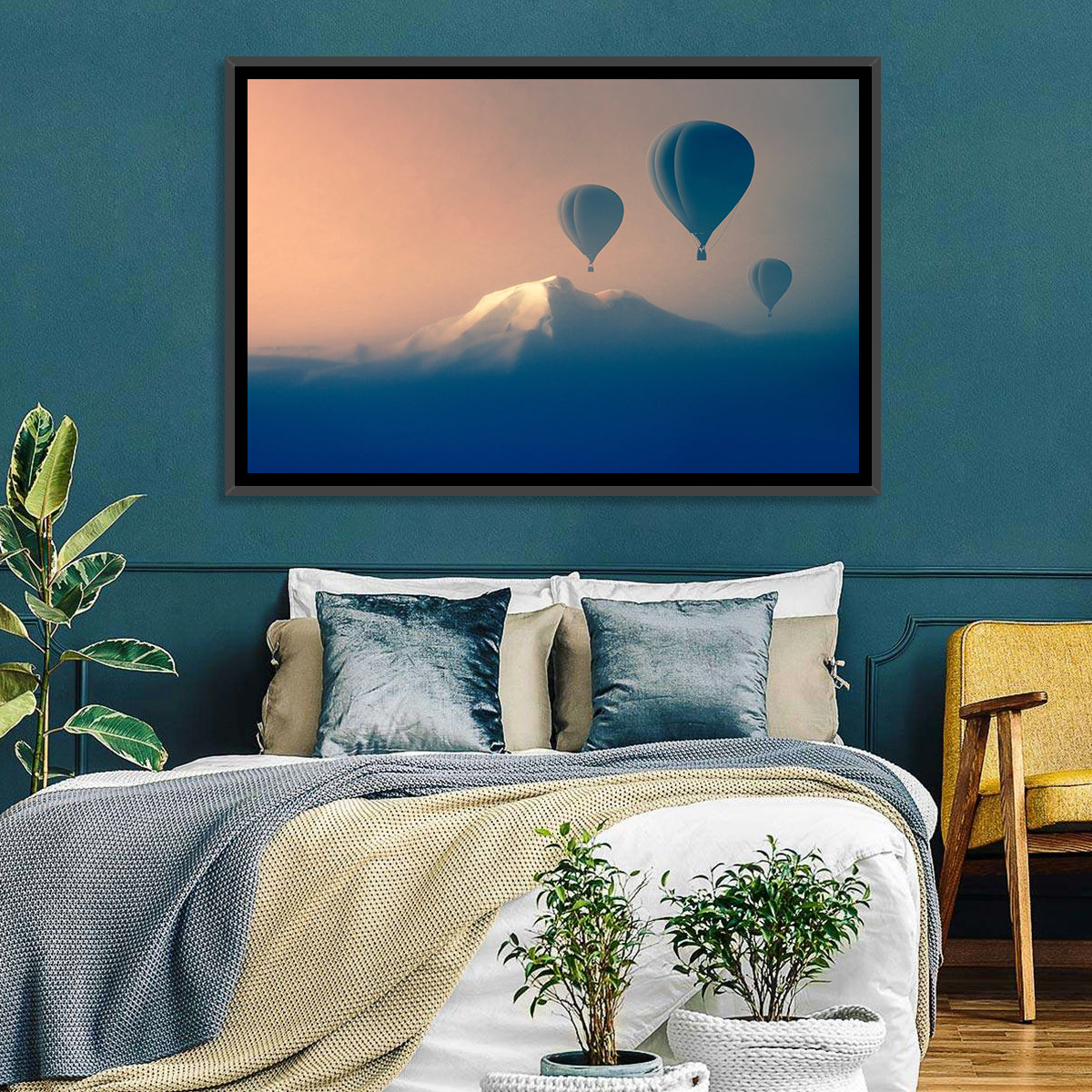 Three Hot Air Balloons Over Misty Peak Wall Art in a room, landscape