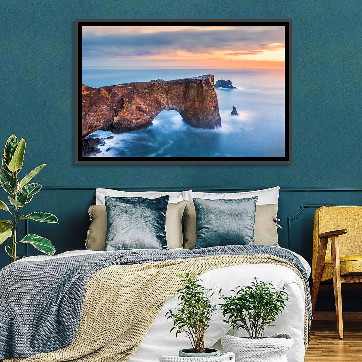 Dyrhólaey Sea Arch at Sunset Wall Art in a room, landscape