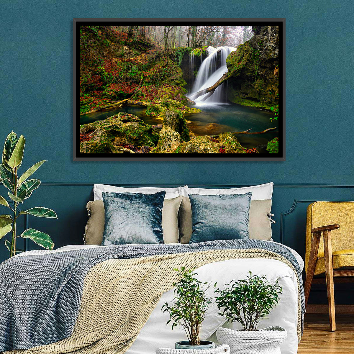 Cheile Nerei Mossy Waterfall Wall Art in a room, landscape