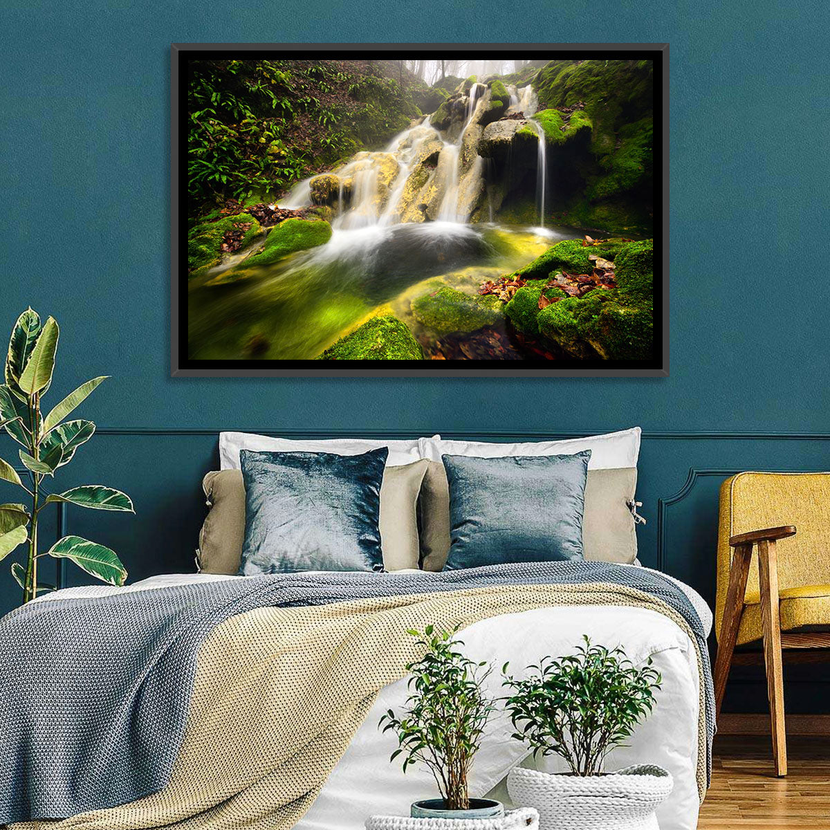 Cheile Nerei Mossy Waterfall Wall Art in a room, landscape