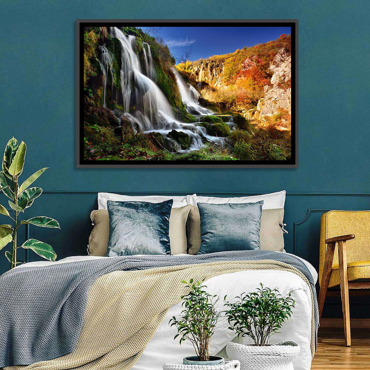 Plitvice Lakes Waterfall Wall Art in a room, landscape