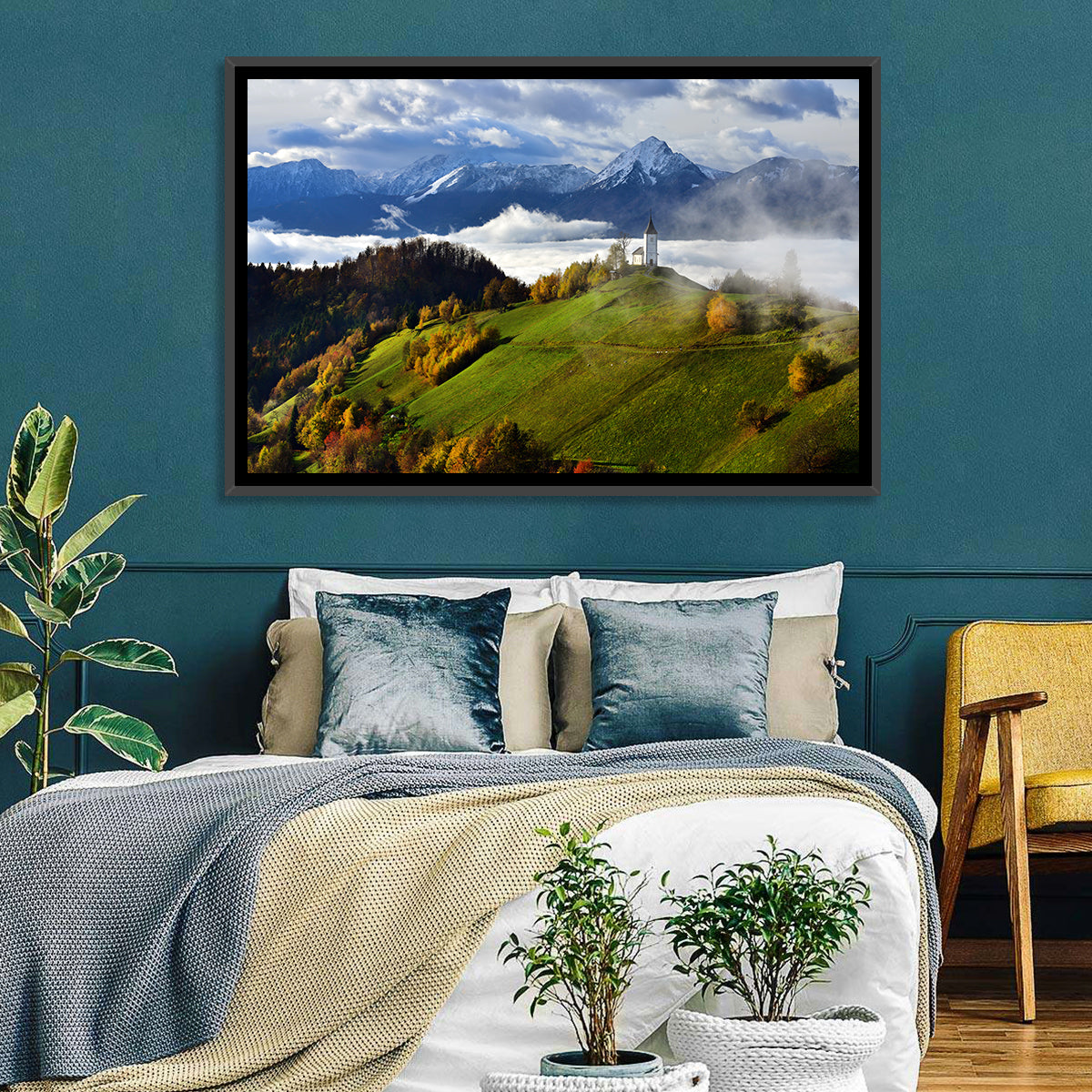Jamnik Church on Misty Hill Wall Art in a room, landscape