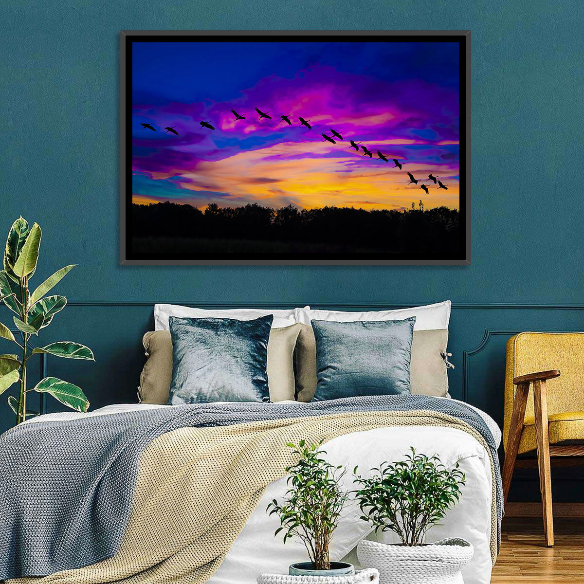 Silhouetted Cranes at Dusk Wall Art