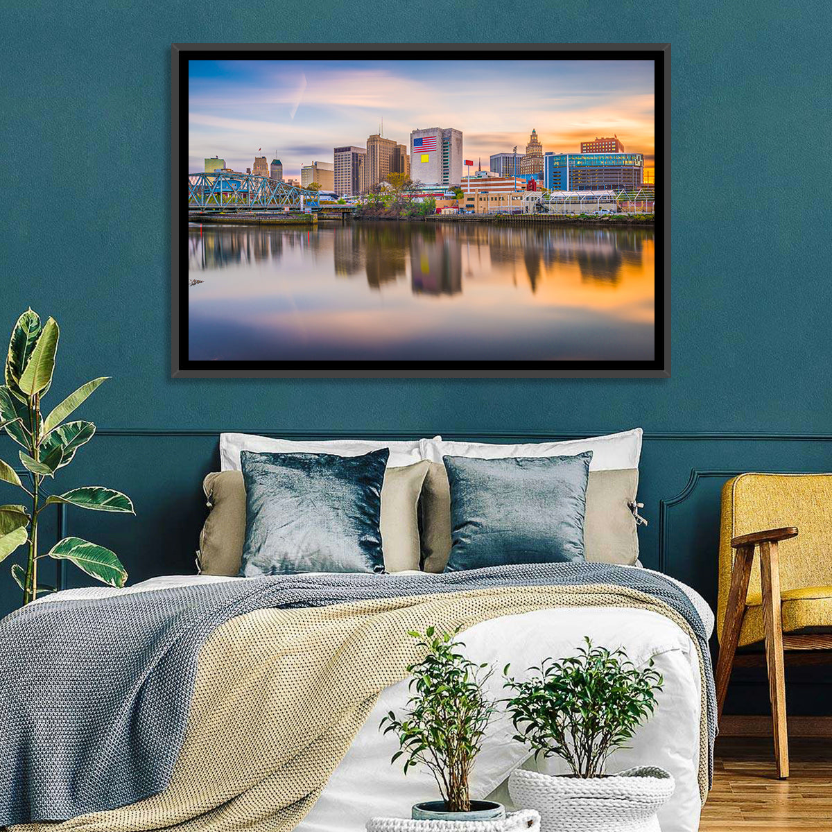 Providence Skyline at Golden Hour Wall Art in a room, landscape