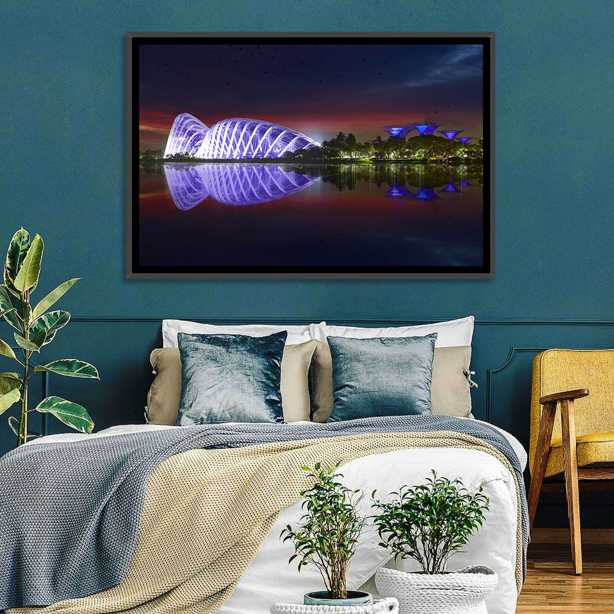 Gardens by the Bay Night Reflection Wall Art in a room, landscape