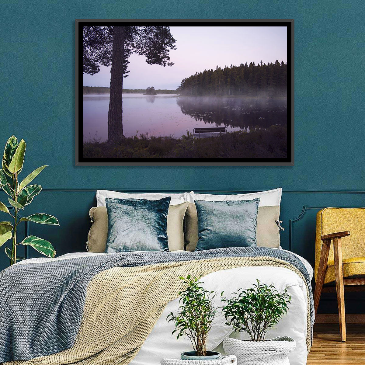 Misty Lake with Bench Wall Art