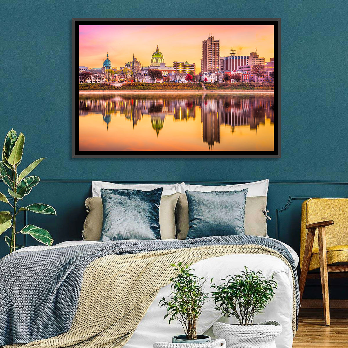 Harrisburg Golden Hour Skyline Wall Art in a room, landscape