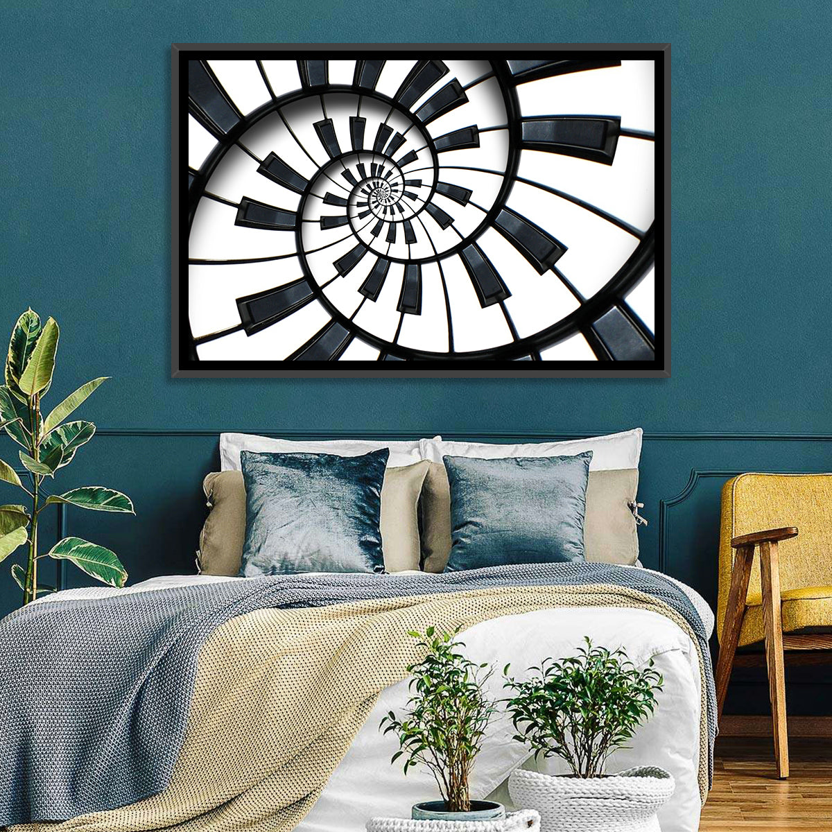 Recursive Spiral Piano Keys Wall Art in a room, landscape
