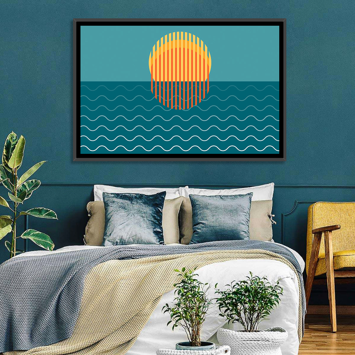 Teal Ocean Sunset Illustration Wall Art