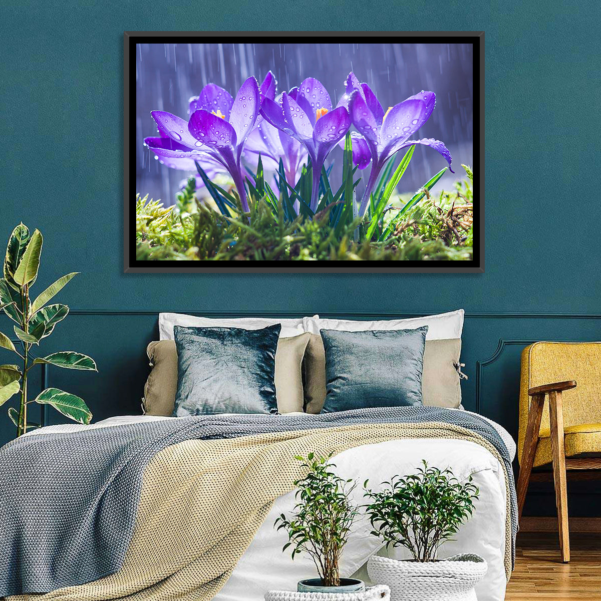 Rainy Purple Crocuses Wall Art in a room, landscape