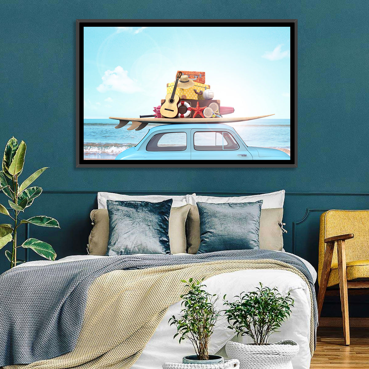 Vintage Car with Surfboard Wall Art