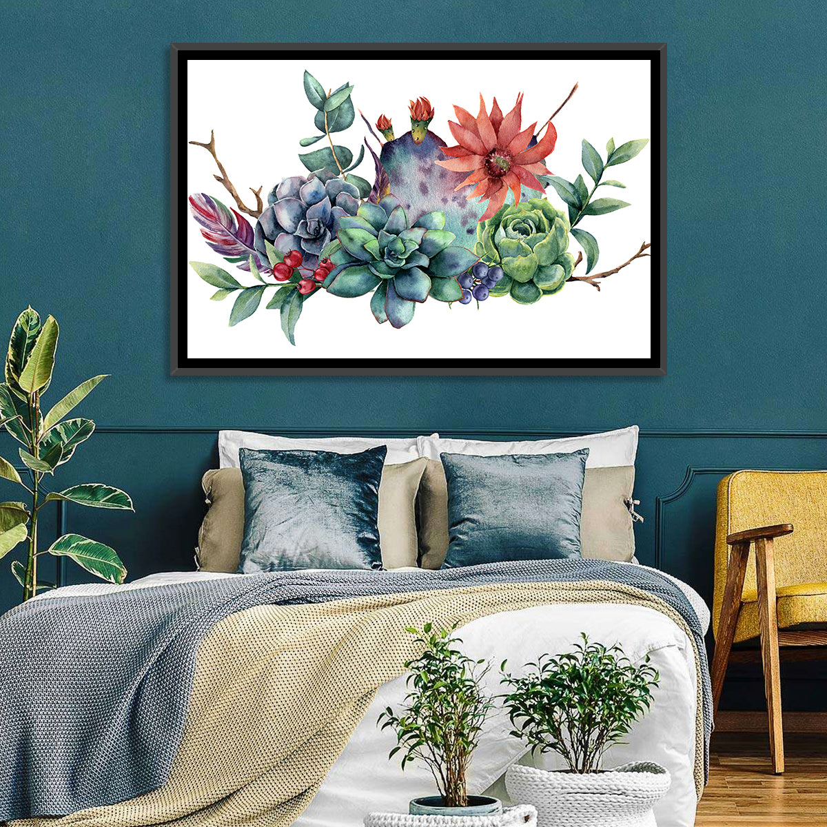 Succulent and Cactus Bouquet Wall Art in a room, landscape