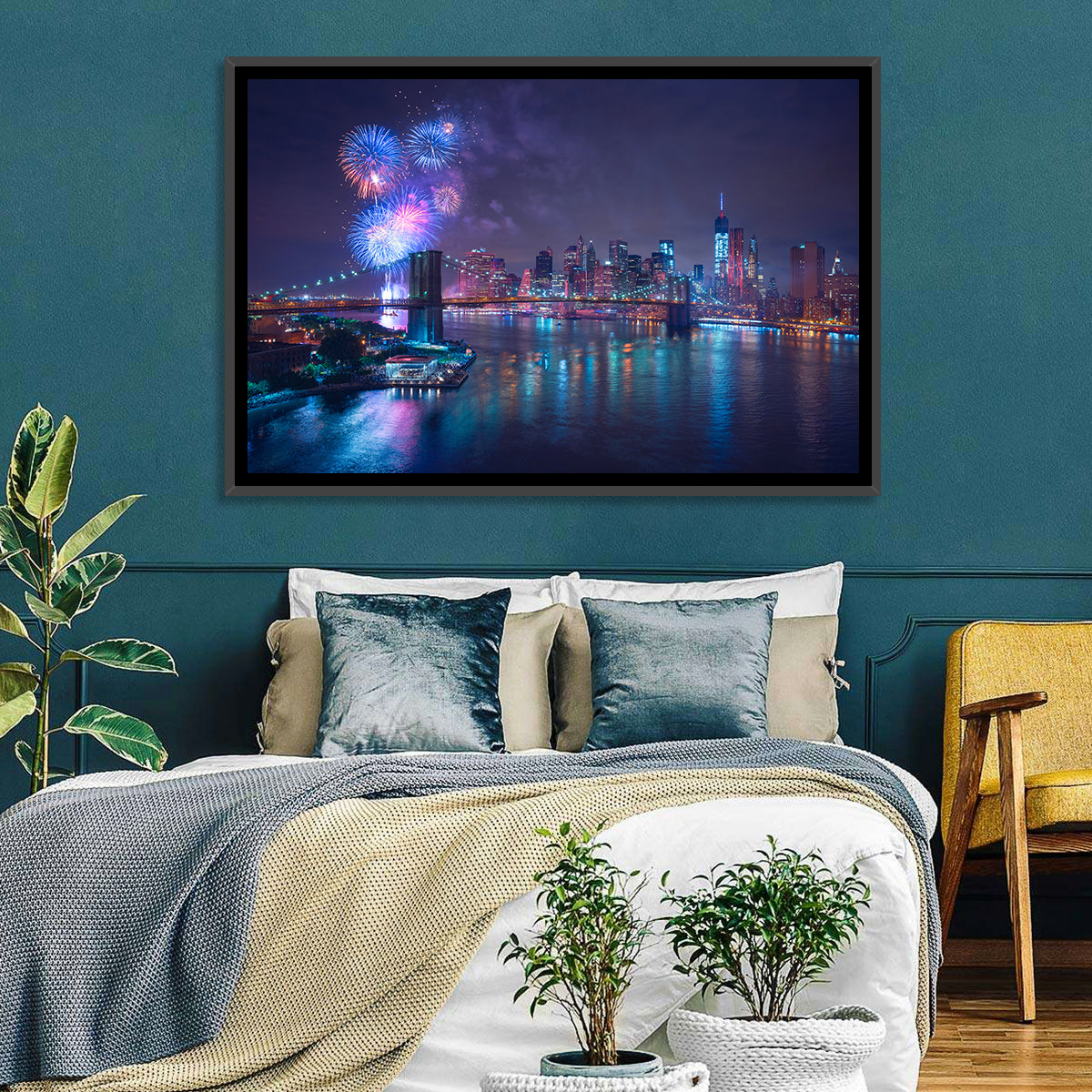 Fireworks Over Brooklyn Bridge Wall Art in a room, landscape