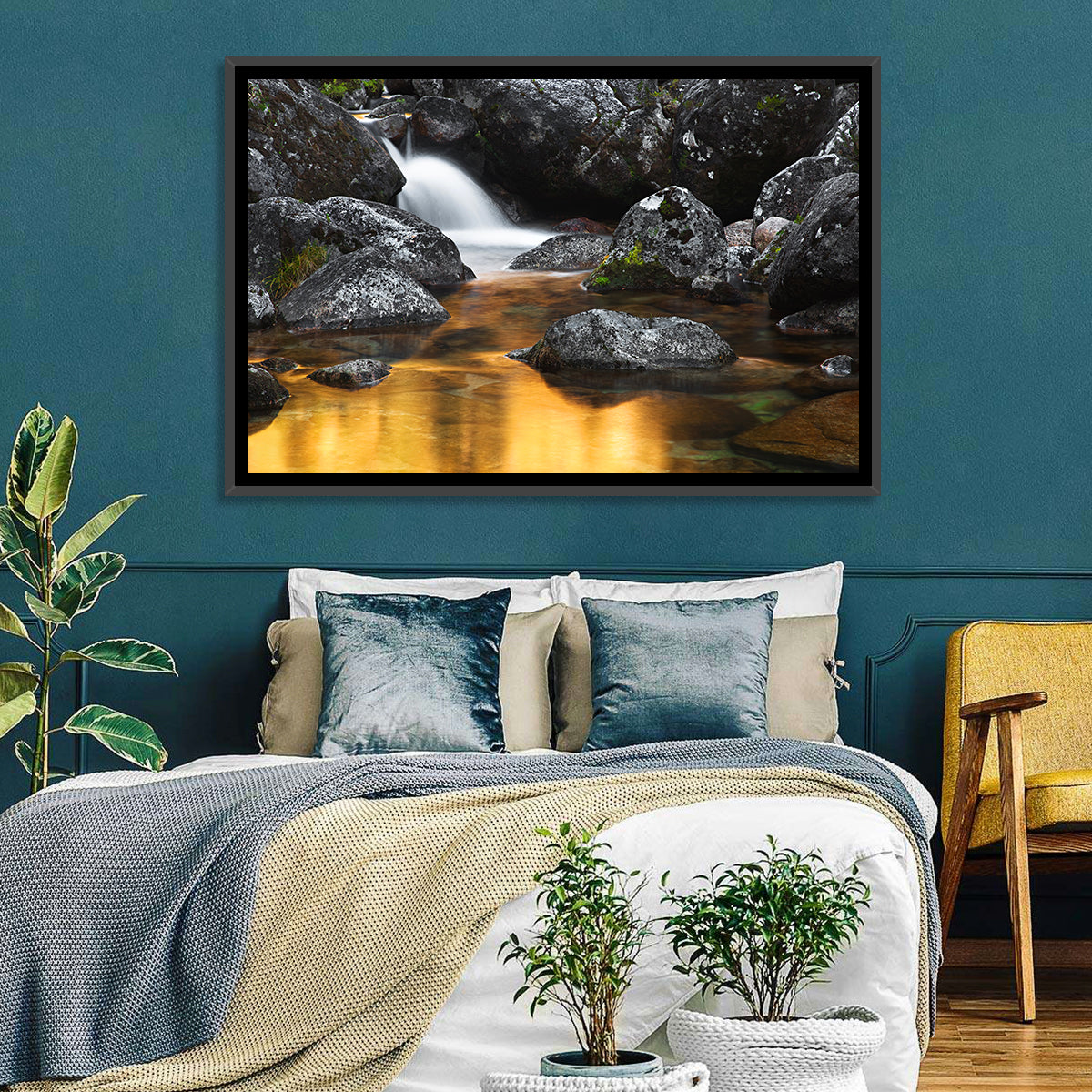 Golden Stream Waterfall Wall Art in a room, landscape