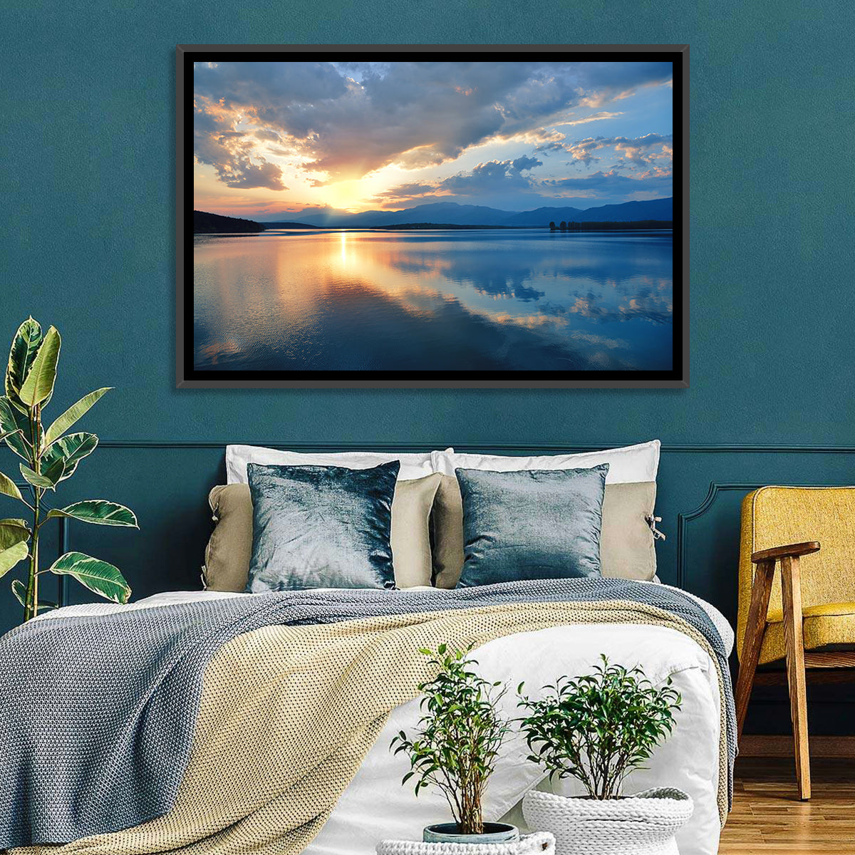 Golden Hour Lake Reflection Wall Art in a room, landscape