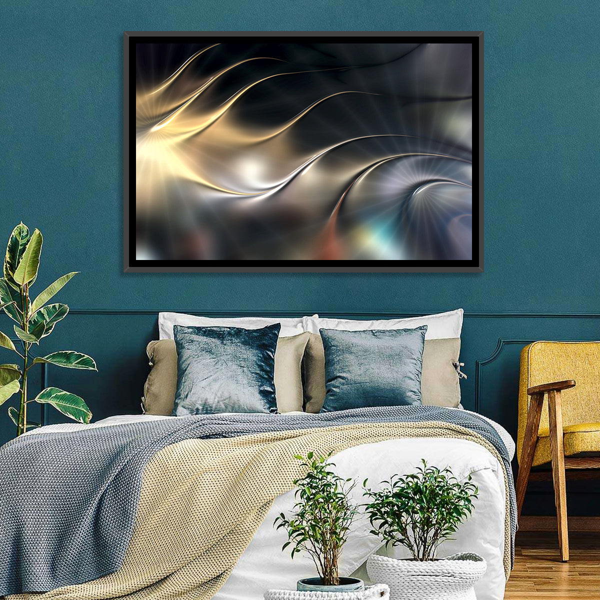 Luminous Metallic Wave Wall Art in a room, landscape