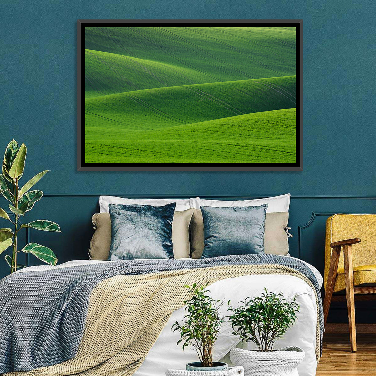 Rolling Emerald Wheat Fields Wall Art in a room, landscape